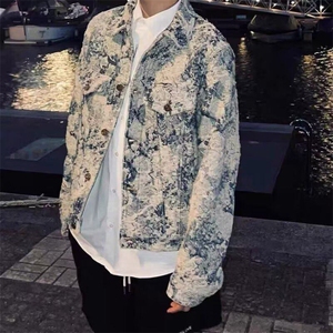 春秋破坏老花刺绣牛仔衣潮流男女情侣青花瓷花卉提花长袖外套图片