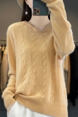 2025秋冬洋气减龄纯羊毛连帽长袖针织衫女复古麻花保暖打底衫毛衣，女装羊毛衫，暖烁羊绒