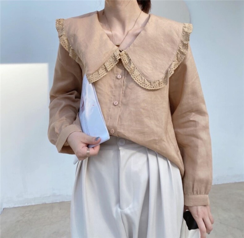 苎娃娃领衬衫，女装衬衫，驿谷