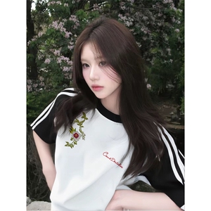 抖音得物品质二开240克宽松纯棉美式潮牌插肩三杠织带短袖T恤图片