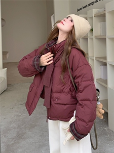 现货新款韩版宽松立领撞色格子袖口羽绒服短款外套面包服图片