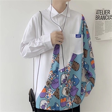 长袖衬衫男港风潮流卡通拼接设计感休闲衬衣C0122P32，男装衬衫，星座1116-2