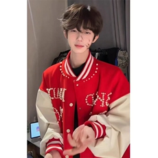 美式珍珠刺绣拼接撞色棒球服外套男女春季情侣休闲宽松夹克JKT77，男装夹克，星座516A