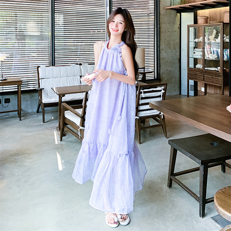 紫色立体花朵挂脖连衣裙女2025夏季新款超仙法式绝美漂亮露肩长裙,女装连衣裙,2D009