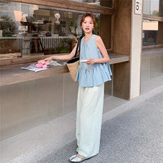 盐甜系穿搭花边无袖背心套装夏新款女休闲显瘦肌理感阔腿裤两件套，女装套装/套裙，2C203