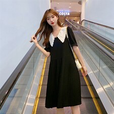 雪纺连衣裙2021新款夏季中长款百褶裙黑色韩版减龄连衣裙女，女装连衣裙，梦懿尔