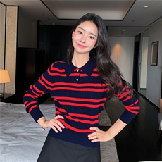 2025秋冬百搭时尚简约polo领长袖条纹针织衫，女装羊绒衫，玛卡隆羊绒