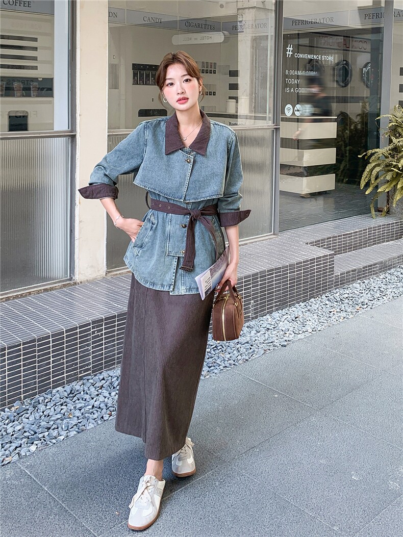 现货2D078-T1957-P195K278灯芯绒拼接牛仔上衣+半裙2件套,女装套装/套裙,2D078