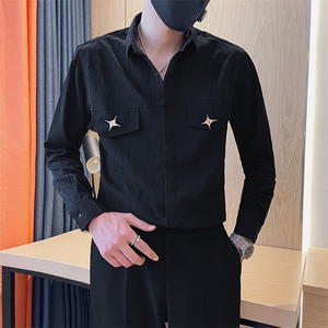 秋季男士纯色暗花长袖衬衫男痞帅口袋装饰衬衣301A-1/H516/P58