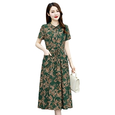 棉麻碎花连衣裙女2025夏季新款收腰显瘦气质妈妈减龄短袖衬衫裙子，女装连衣裙，倪叶myz