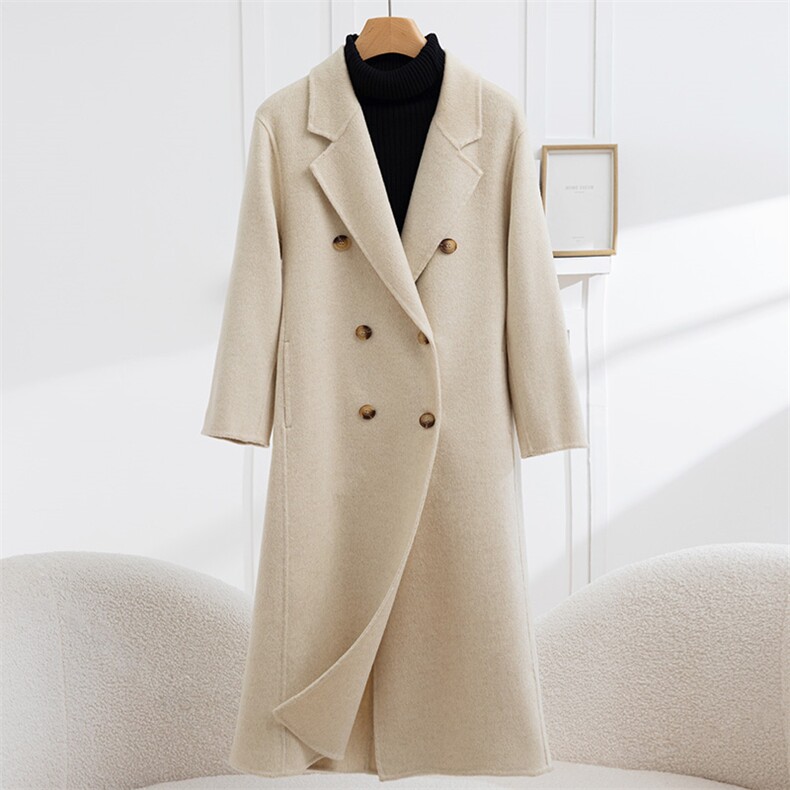 宽松白色双面羊绒大衣女气质双排扣毛呢外套2025秋冬新款羊毛呢子，女装毛呢外套，怡欣双面呢工厂店