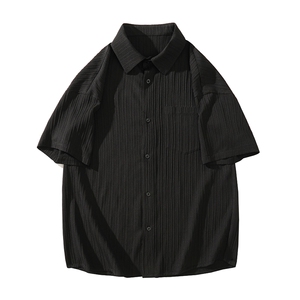 特批25无差价2024夏大码肌理条纹冰丝薄款短袖衬衣男垂感衬衫C834图片
