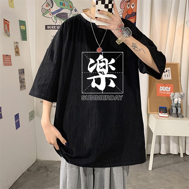 YT26197-P30亚麻短袖t恤男大码五分袖男宽松七分袖海报风,男装T恤,电商A040