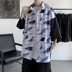 @店主夏季新款动物鱼满印冰丝短袖衬衫宽松衬衣A071-C19-P35，男装衬衫，电商A071