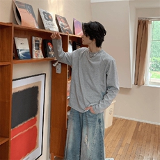 抖音得物高品质美式高街重磅曼巴棉cleanfit螺纹拼接卫衣长袖T恤，男装T恤，电商A486-1