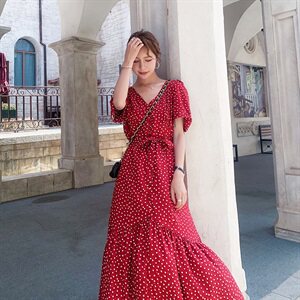 现货！2021夏季新款定制面料红色爱心连衣裙165A-6508-P105-K158图片