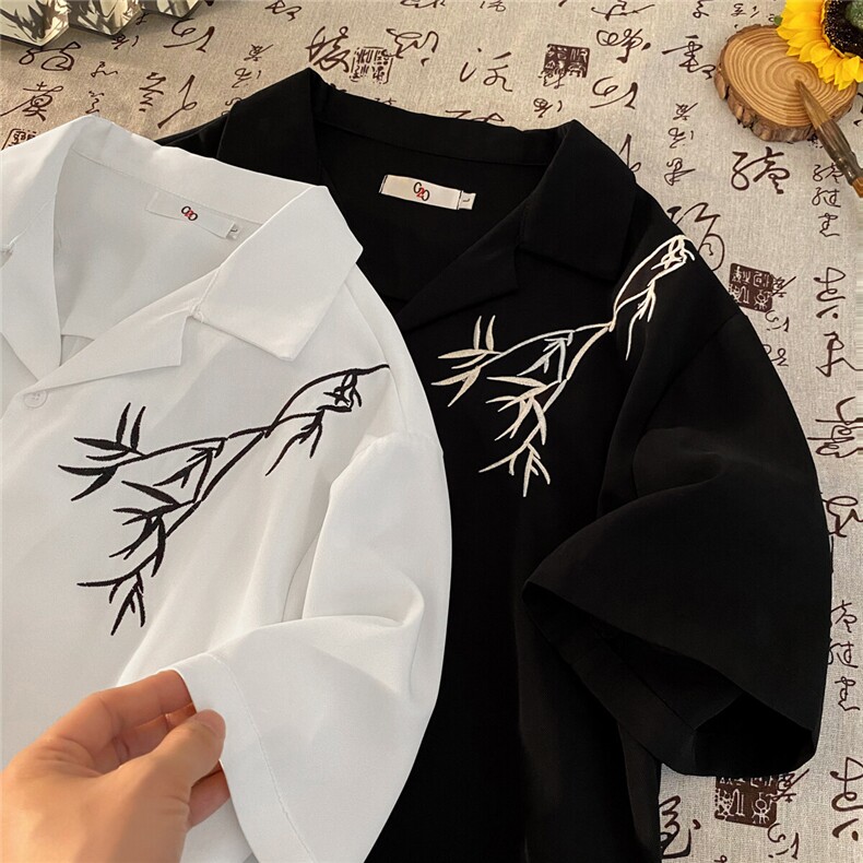 风竹叶刺绣短袖衬衫夏季宽松高级感休闲半袖衬衣 CS505-特P35图片