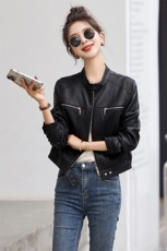 欧货圆领长袖搭扣皮衣外套女2024年春季新款机车时尚皮夹克短外套，女装皮衣，潮流依族