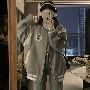 灰色复古学院风棒球服外套女秋新款设计感拼接休闲上衣C780-P100图片