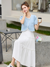 时尚蕾丝花边设计感短外套两件套2025夏季新款白色背心连衣裙套装，女装套装/套裙，慕依路