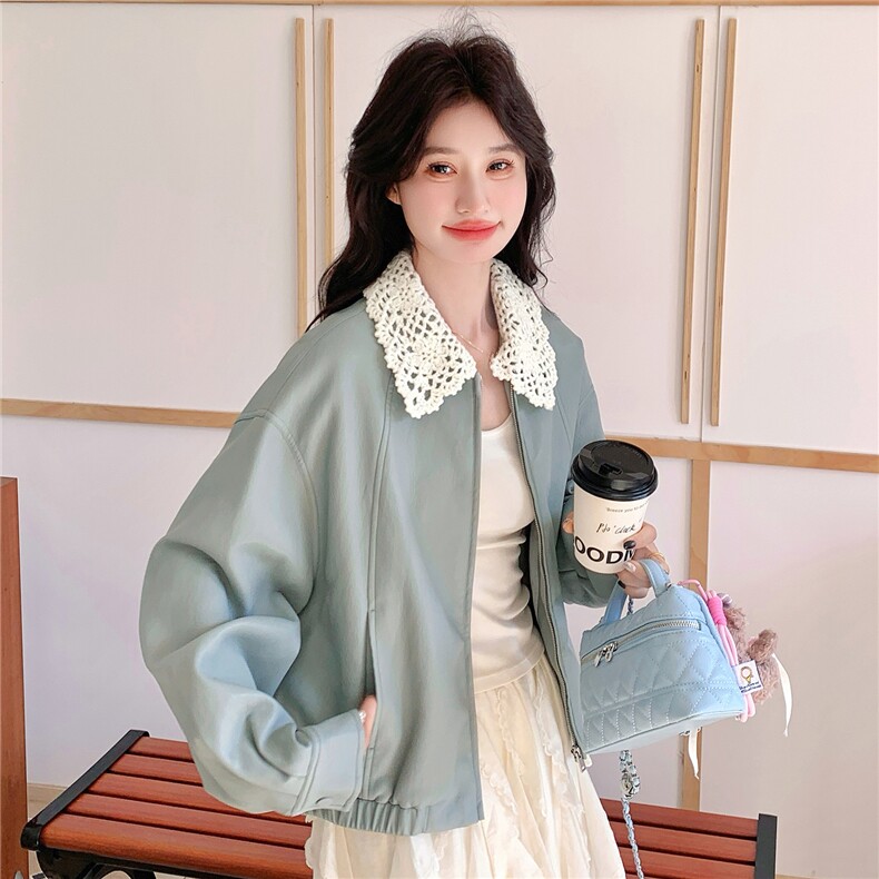 【新品】2026春季雾霾蓝蕾丝皮衣C5803P165K268,女装皮衣,2D113