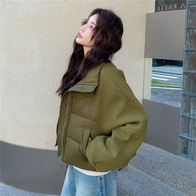短款立领毛呢拼接羽绒服女2025冬季新款小个子白鸭绒面包服外套潮,女装羽绒服,琦鑫阁（原依鑫阁）
