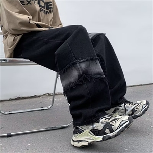 美式高街牛仔裤男女设计感痞帅阔腿直筒裤潮牌ins长裤N5083-P45图片