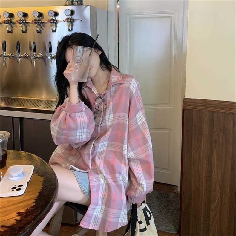 TC674-p45粉色格子衬衫外套女秋冬2025新款慵懒风长袖衬衣,女装衬衫,星座617A-2