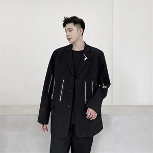 男西服外套走秀款多拉链拼接西装上衣潮A345-170-P135图片