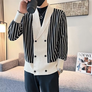 开衫男针织毛衣潮牌设计感V领宽松外套时尚网红潮流条纹线衣 Q220图片