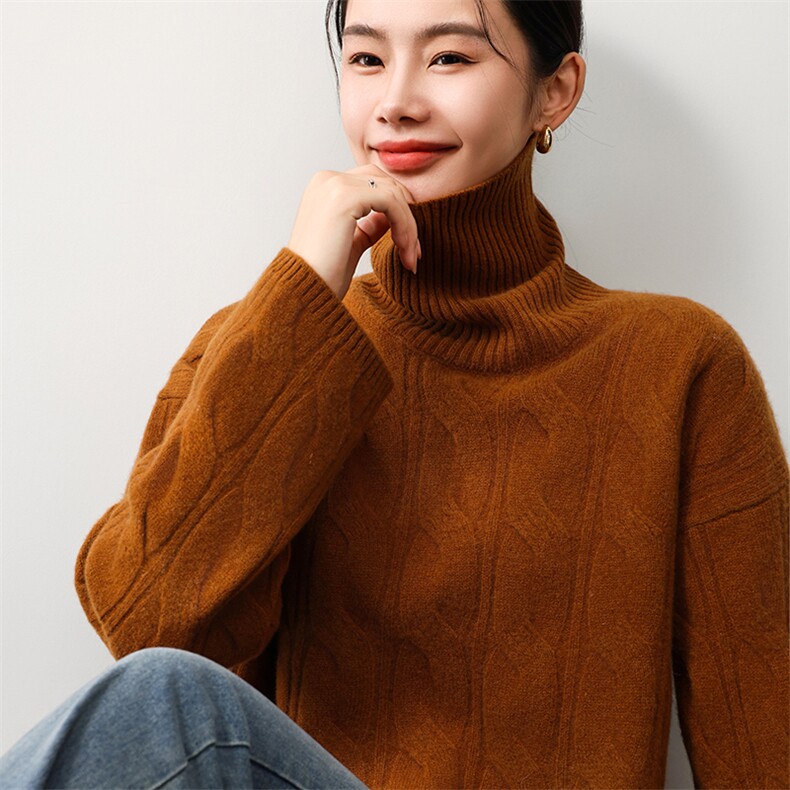 时尚百搭女纯澳毛大麻花高领羊毛衫显瘦保暖秋冬必备单品,女装羊毛衫,奢优羊绒