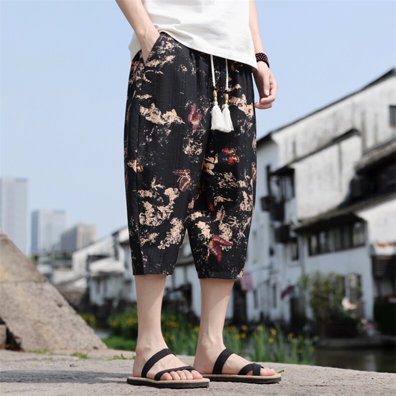 棉麻薄款七分裤男水墨印花风休闲裤宽松小脚A266-1-KZ772-P50，男装牛仔裤，电商A266-1