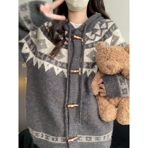 重磅秋冬北极绒开衫毛衣美式复古休闲慵懒风牛角扣针织衫连帽外套图片