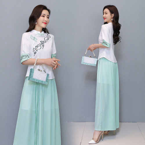 芷墨原创时尚飘逸上衣阔腿裤两件套装茶服,女装套装/套裙,芷墨服饰