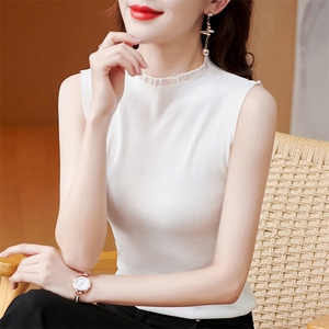 夏装新款半高领针织衫纯色无袖内搭外穿上衣背心,女装背心吊带,美吧服饰