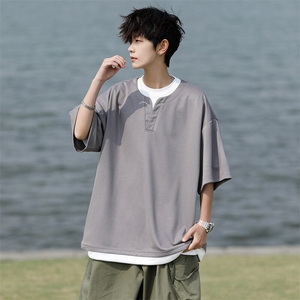 8XL-M重磅斜纹假两件短袖t恤男夏季薄款宽松大码半袖体恤DT006P45图片
