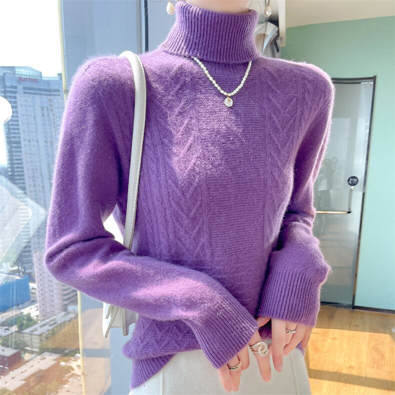 时尚百搭女士羊毛衫高领修身显瘦小八字花纹毛衣,女装羊毛衫,暮绒羊羊绒