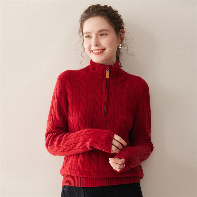 2025秋冬百搭时尚立领半拉链麻花羊绒衫，女装羊绒衫，珍丝贝尔