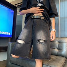 破洞牛仔裤男韩版潮流高街帅2024夏季新款ins宽松五分裤RK479-P36，男装牛仔裤，星座412-2