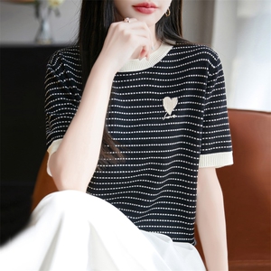 2025春季新款宽松休闲圆领短袖t恤女精仿夏季薄款刺绣针织衫上衣图片