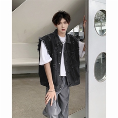 复古水洗磨破短款牛仔马甲无袖男X夏潮流帅气坎肩上衣MJ8942-P58，男装背心/马甲，星座308B-1