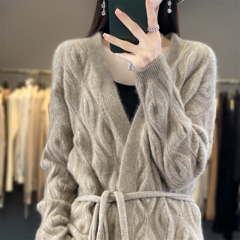 重磅中长款100羊毛开衫女V领绞花加厚针织外套毛衣宽松羊绒衫上衣,针织衫/毛衣,艾驰羊绒