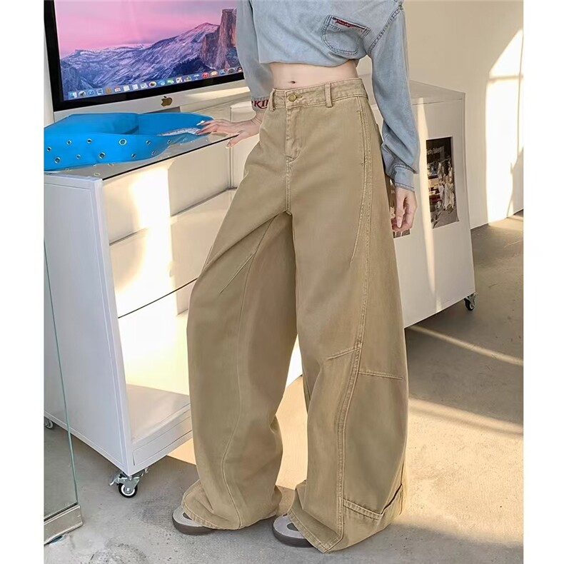 卡其色工装牛仔裤女2025秋季新款复古美式高腰宽松阔腿拖地长裤,男装牛仔裤,星座813-2