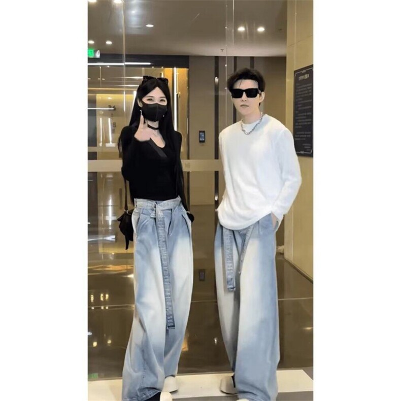 设计师款渐变水洗腰带牛仔裤男美式潮牌宽松阔腿直筒裤弯刀休闲裤,男装牛仔裤,四季星座505