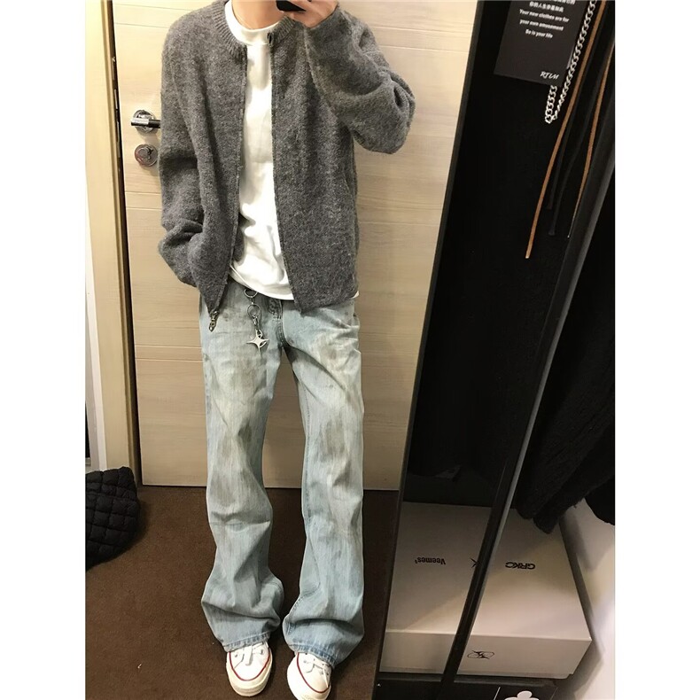美式复古灰色开衫毛衣外套男高级感慵懒风针织衫cleanfit短款夹克,男装针织衫/毛衣,星座813-2