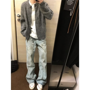 美式复古灰色开衫毛衣外套男高级感慵懒风针织衫cleanfit短款夹克图片