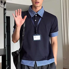 1506/QT5630/P35假两件POLO衫短袖男款夏季美式格纹T恤衬衫，男装T恤，星座1506