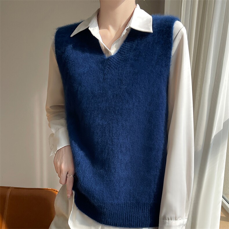 25秋冬新款V领复古羊毛针织坎肩女宽松大码背心马夹纯色提花马甲，女装马甲，吉高羊绒