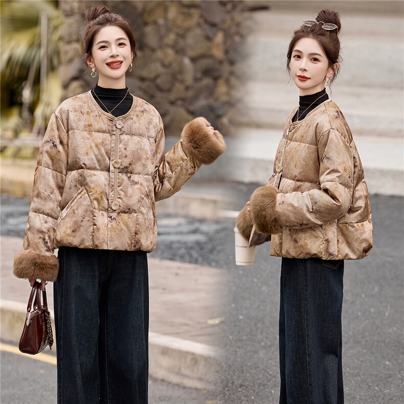 新中式90提花羽绒服2025年冬季新款高级感优雅气质白鸭外套,女装羽绒服,玖莱伊