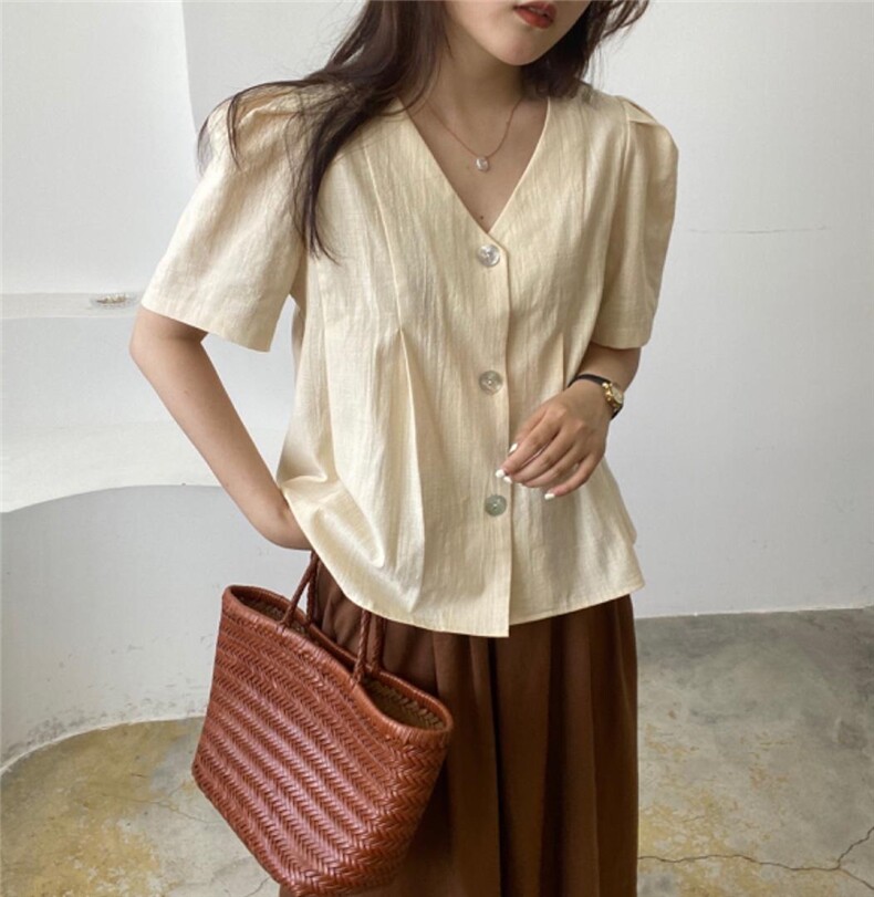 V领前排扣麻将小衫，女装，土布鱼